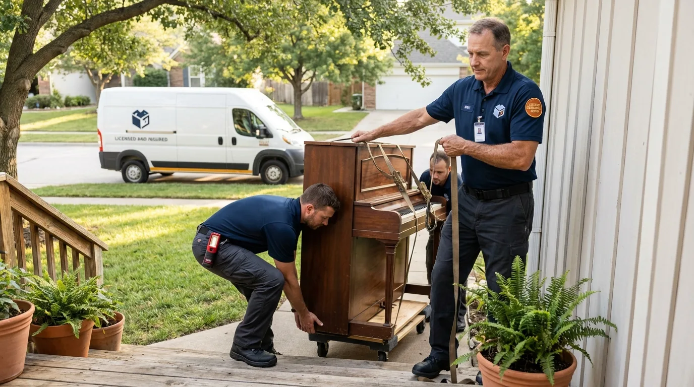 Licensed piano movers securing grand piano in Alpine, NJ
